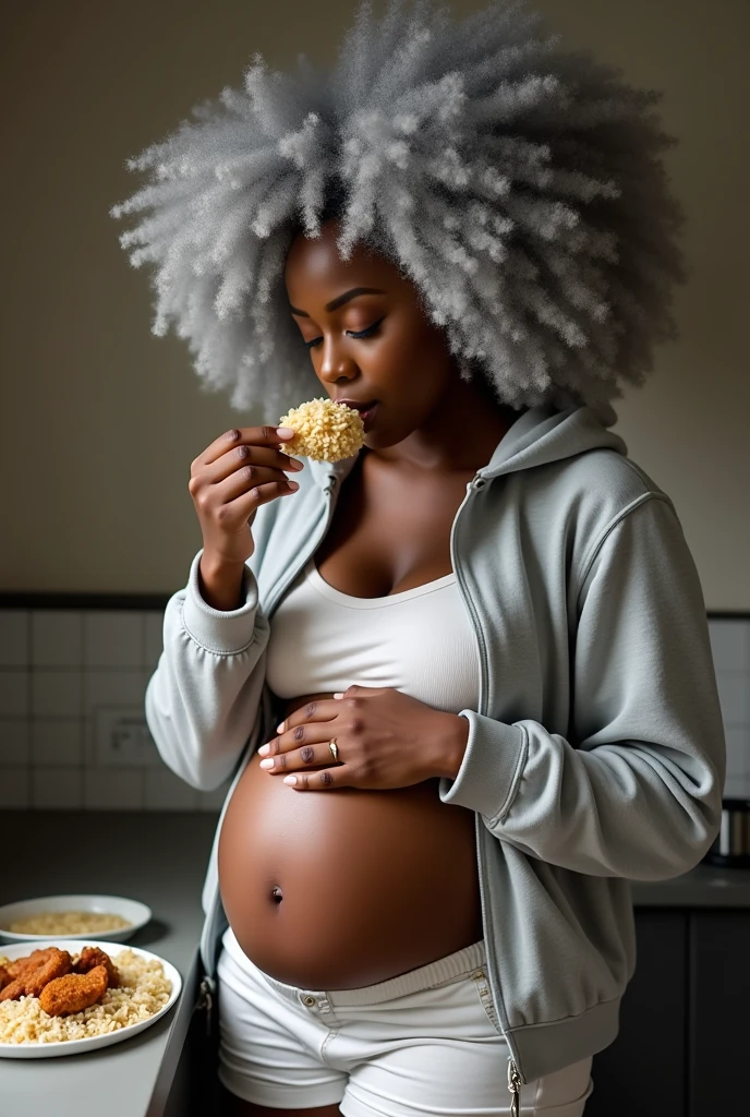 A pregnant black womam eating rice and chicken wearing a very expensive grey and white wig putting on shorts and a hoodie