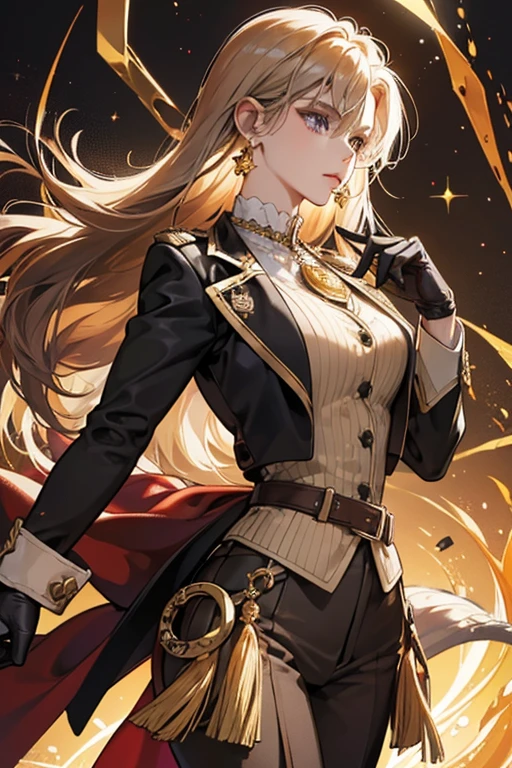 she caramel hair. her attire is elegant and form-fitting, consisting of a beige dress shirt, a brown and amber waistcoat, slim black trousers, black dress boots, and black gloves with twin silver archer rings on the thumbs. Her neckpiece is a white tie pinned at the throat by an amber gemstone. Her left ear is adorned with a jeweled tassel earring. Over everything, she wears a long dark brown tailcoat with dragon scale patterns, gold and silver accents, golden tassels, and Rex Lapis' diamond symbol on the back. her clothes are decorated with diamond symbols found on her sleeves, belt, trousers, waistcoat buttons, and tailcoat buttons. sHe wears a Geo Vision embedded on the chain at the small of his back.

Glowing Ornaments
While wearing Hermit of Mortal Life, when her Elemental Burst is ready, the amber gemstone on her chest will glow along with her Vision. SPARKLE; GLITTER