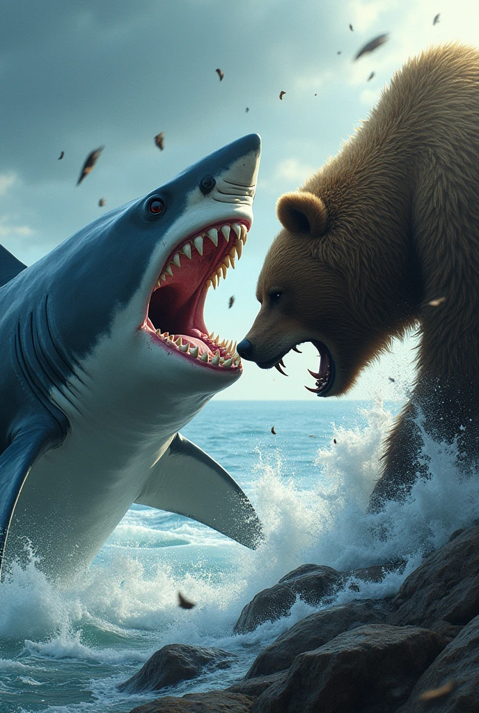 Total US box office revenue,Approximately 260 million,0 million(shark)VS 3,$9 million(Bear)The struggle of, (Deadly Battle on the Seaside,Jaws vs Grizzly), Movie quality,dynamic angle, ((Powerful scene)), ((Impressive screen composition)), ((Powerful manga illustrations)), What is this?!, You're the one who's going to do it?