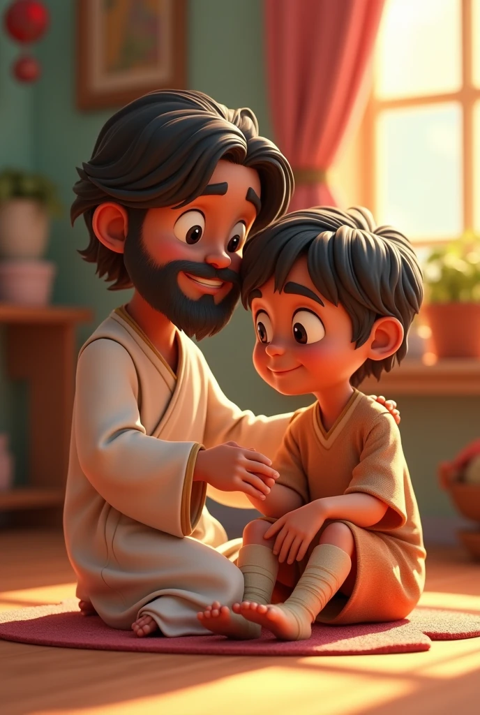A 3D movie poster in Disney-Pixar style of Jesus as a kid helping his friend who was sad because he broke his ankle