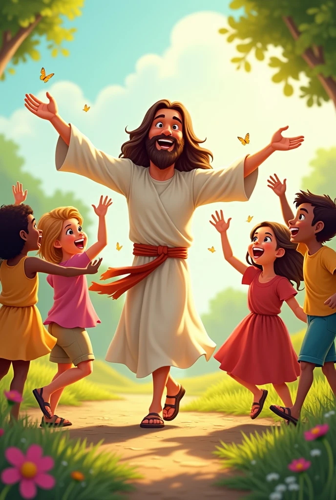 Create cartoon style image of Jesus, dancing, happy, with some children 