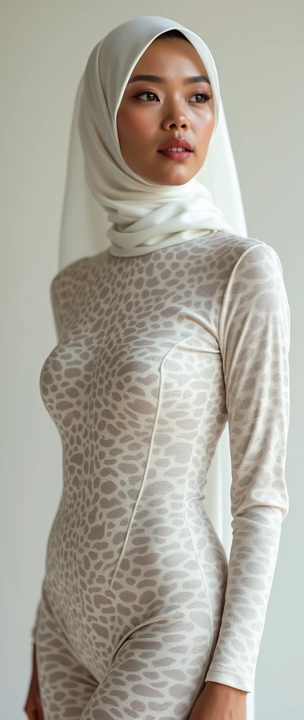 the beautiful,slender thin and prettiest Asian and Malaysian muslimah adult girl with beautiful cheeks wears white tiger print lycra turtleneck unitard catsuit covered with seamless spots and always wear tiger print lycra elastane stretchy dance wear hijab covered with seamless spots.She has beautiful lips