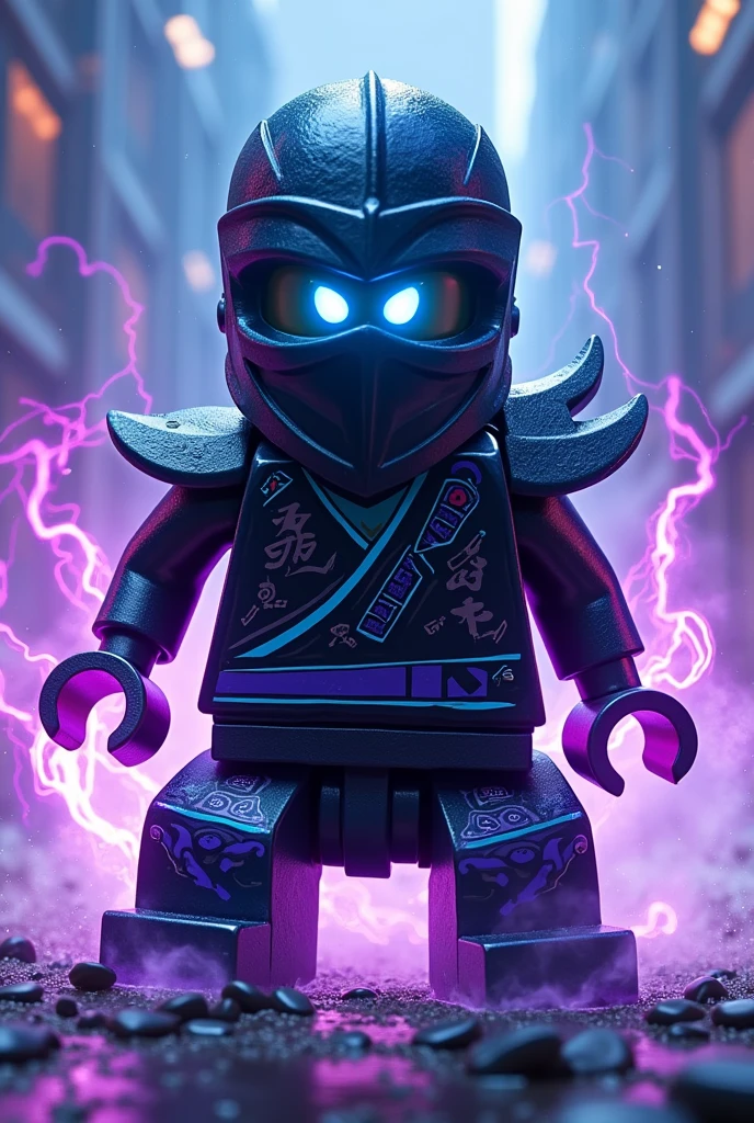 Créer moi un lego ninja go futuriste avec un masque de couleur noir et bleu sur la tête avec une puissance incroyable avec comme puissance élémentaire la foudre l’énergie la terre le feu l’eau la glace et la lumière. Les habits du ninja doit être en noir, bleu et violet avec des reure en forme d’électricité et des écritures japonaise sacré avec une peau NOIR et un regard terrible sombre avec des yeux en bleu brillant. Un ninja imbattable monstrueux beaucoup trop puissant qui contrôle tout les pouvoirs élémentaire. Avec fume violet et bleu électrisant 