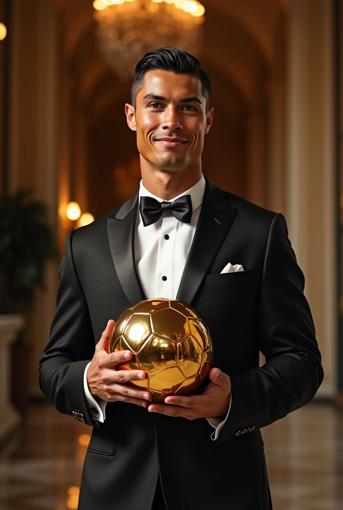 cristiano ronaldo ;qui porte des vêtements de luxe;in Paris;takes a golden ball with a smile in a luxury building