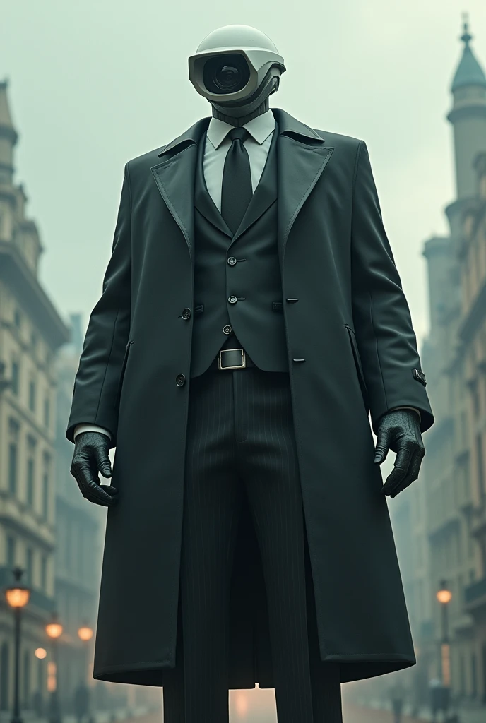 Gigantic Humanoid being with a public CCTV surveilence Câmera in the place of the head wearing a fancy suit and dark overcoat