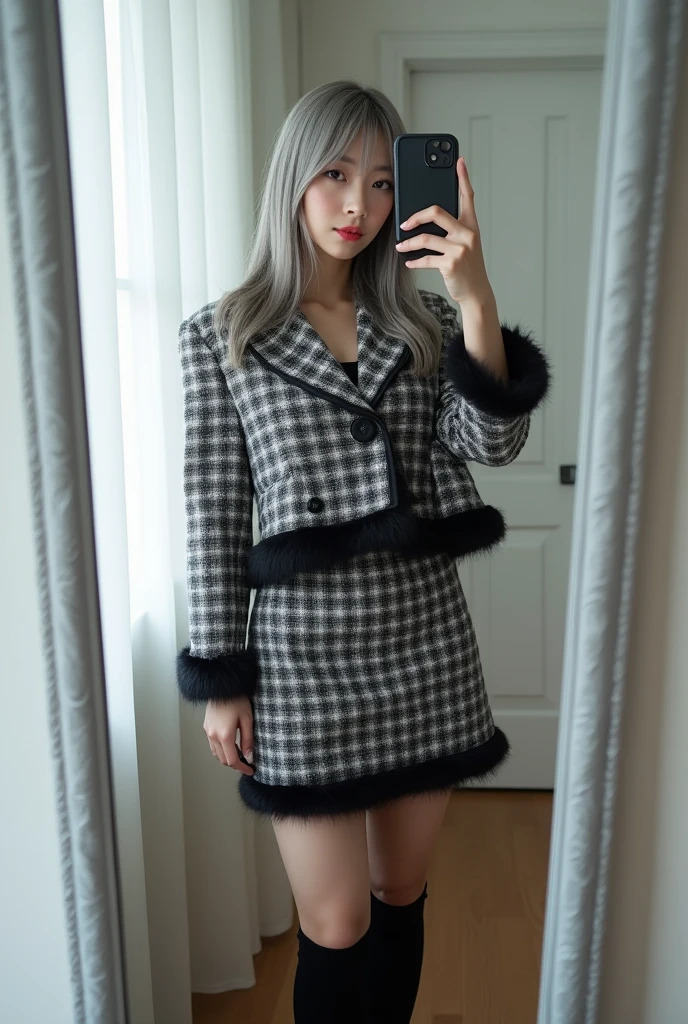 (nsfw), highly detailed, beautiful, hyper Realistic girl, masterpiece, best quality, Depict a mysterious and sophisticated beautiful Japanese gravure model,, 28-years-old, identity hidden, all body shot, / gray arranged hair, small head, Detailed face, cute and Pretty slim face, wide Duck mouth, perfect beautiful Tooth, arranged gray hair, shiny eyes, blue-colored eyes, Realistic skin, Detailed face, / A fashion outfit featuring a black and white plaid set. The cropped jacket ends just above the waist, abs, revealing a slight amount of skin for a modern, chic look. The matching mini skirt has a black faux fur trim at the hem. The material appears to be thick wool or tweed, giving a classic and structured appearance. The outfit is paired with chunky black patent leather loafers and long black socks, creating a retro yet trendy style, all understated and refined to maintain the minimalist vibe. //// simple white single room, gray frame mirror, complicated background /// takes a selfie in her room using a smartphone in front of a mirror with one hand, standing and sexy Posing, all body below shot, focus shoes, looking away from the camera,
