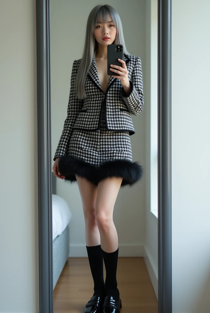 (nsfw), highly detailed, beautiful, hyper Realistic girl, masterpiece, best quality, Depict a mysterious and sophisticated beautiful Japanese gravure model,, 28-years-old, identity hidden, all body shot, / gray arranged hair, small head, Detailed face, cute and Pretty slim face, wide Duck mouth, perfect beautiful Tooth, arranged gray hair, shiny eyes, blue-colored eyes, Realistic skin, Detailed face, / A fashion outfit featuring a black and white plaid set. The cropped jacket ends just above the waist, abs, revealing a slight amount of skin for a modern, chic look. The matching mini skirt has a black faux fur trim at the hem. The material appears to be thick wool or tweed, giving a classic and structured appearance. The outfit is paired with chunky black patent leather loafers and long black socks, creating a retro yet trendy style, all understated and refined to maintain the minimalist vibe. //// simple white single room, gray frame mirror, complicated background /// takes a selfie in her room using a smartphone in front of a mirror with one hand, standing and sexy Posing, all body below shot, focus shoes, looking away from the camera,