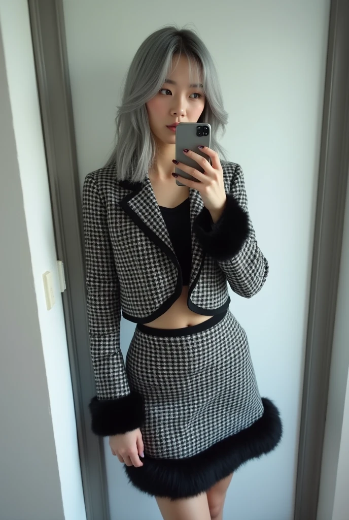 (nsfw), highly detailed, beautiful, hyper Realistic girl, masterpiece, best quality, Depict a mysterious and sophisticated beautiful Japanese gravure model,, 28-years-old, identity hidden, all body shot, / gray arranged hair, small head, Detailed face, cute and Pretty slim face, wide Duck mouth, perfect beautiful Tooth, arranged gray hair, shiny eyes, blue-colored eyes, Realistic skin, Detailed face, / A fashion outfit featuring a black and white plaid set. The cropped jacket ends just above the waist, abs, revealing a slight amount of skin for a modern, chic look. The matching mini skirt has a black faux fur trim at the hem. The material appears to be thick wool or tweed, giving a classic and structured appearance. The outfit is paired with chunky black patent leather loafers and long black socks, creating a retro yet trendy style, all understated and refined to maintain the minimalist vibe. //// simple white single room, gray frame mirror, complicated background /// takes a selfie in her room using a smartphone in front of a mirror with one hand, standing and sexy Posing, all body below shot, focus shoes, looking away from the camera,