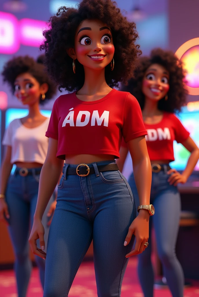 3D Pixar style, 4 woman, curtain, Brown eyes, thin reddish mouth Very curly dark coffee colored hair, medium size without fringe.
Woman with wide hips and thick legs in a red t-shirt with ADM written on it, jeans, black belt, black sneakers.
Gold ring on the left finger, watch on the wrist, wide and round face In a casino game room environment with computers HAPPY
