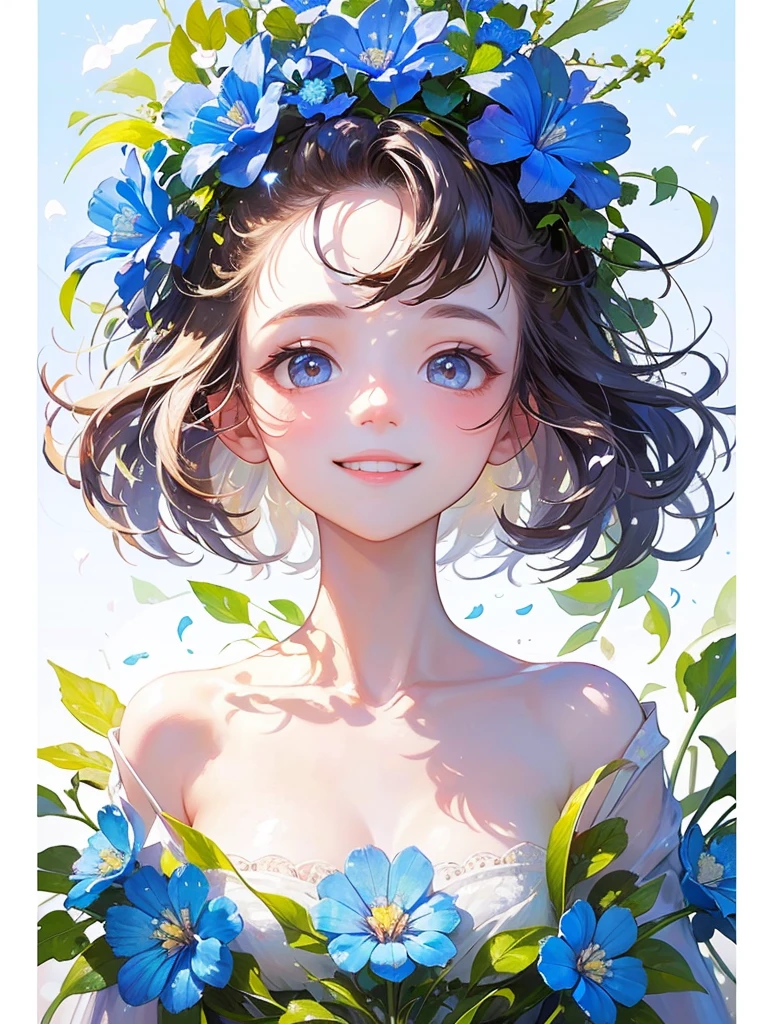 (masterpiece、highest quality、highest quality、Beautiful and beautiful:1.2)、(Good anatomy:1.5)、Painting of a girl with milky white straight hair、Adorable smile、Sparkling Eyes、looking at the camera、Emerging from among the flowers and leaves、Nemophila