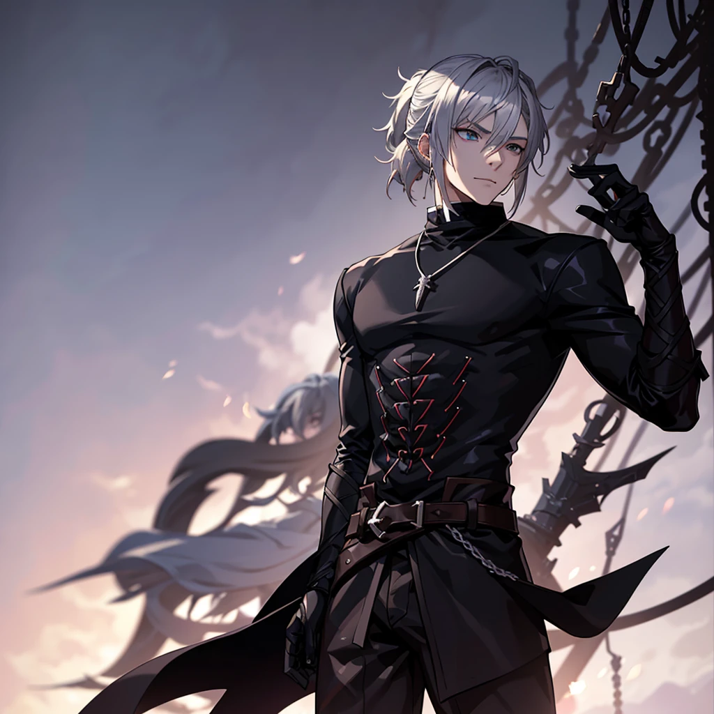 Anime attractive man, 20 year old, blonde hair, very very short ponytail, tall, muscular, black vampire hunter outfit, silver lining, solo, one person, vampire hunter, black gloves, silver arm bracers, high resolution, high quality, masterpiece, masculine face, silver necklaces, smirk.