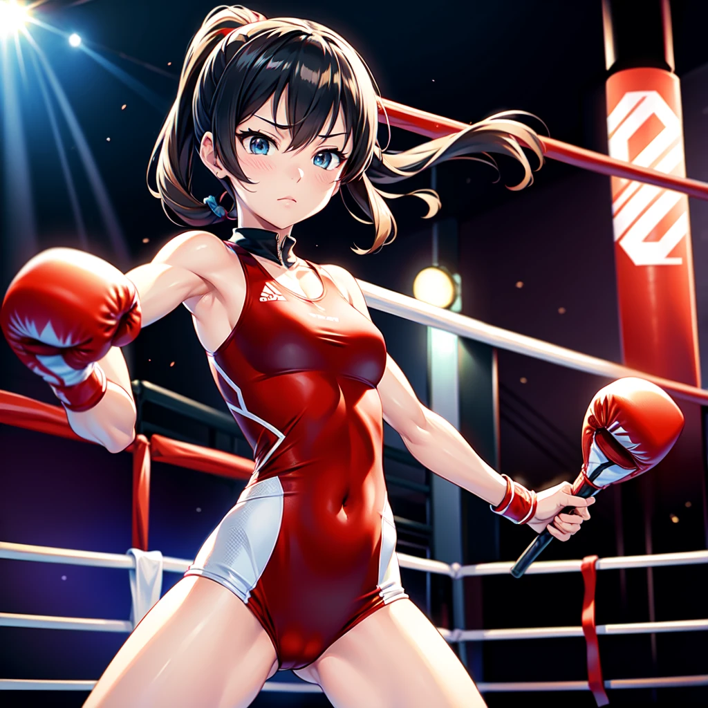 Wear Highleg athletic Outfits , wear boxing groves , asian girl , stand in boxing ring , anime style face.