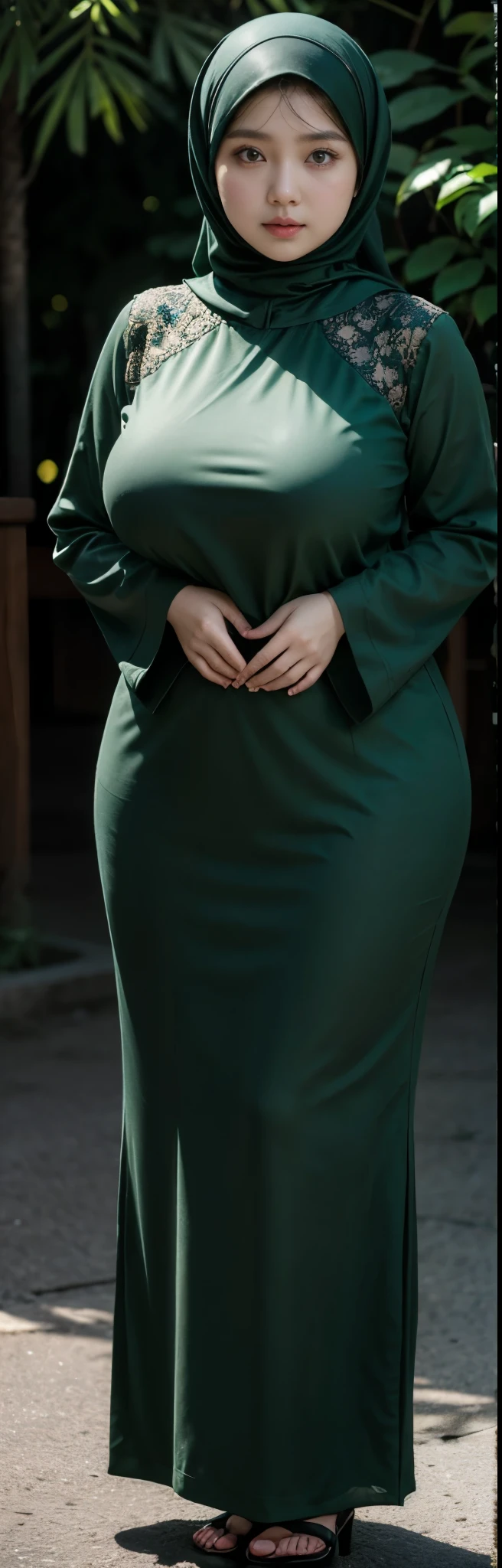 1 malay girl, modern plain hijab, shy, medium portrait, watery eyes, wearing dark green kebaya, ((big breasts)), black bokeh background, well-proportioned body,, chubby massive thighs, full body pose, Hena art on the body, hena art on full body, slightly fat body , voluptuous body , curvy body 