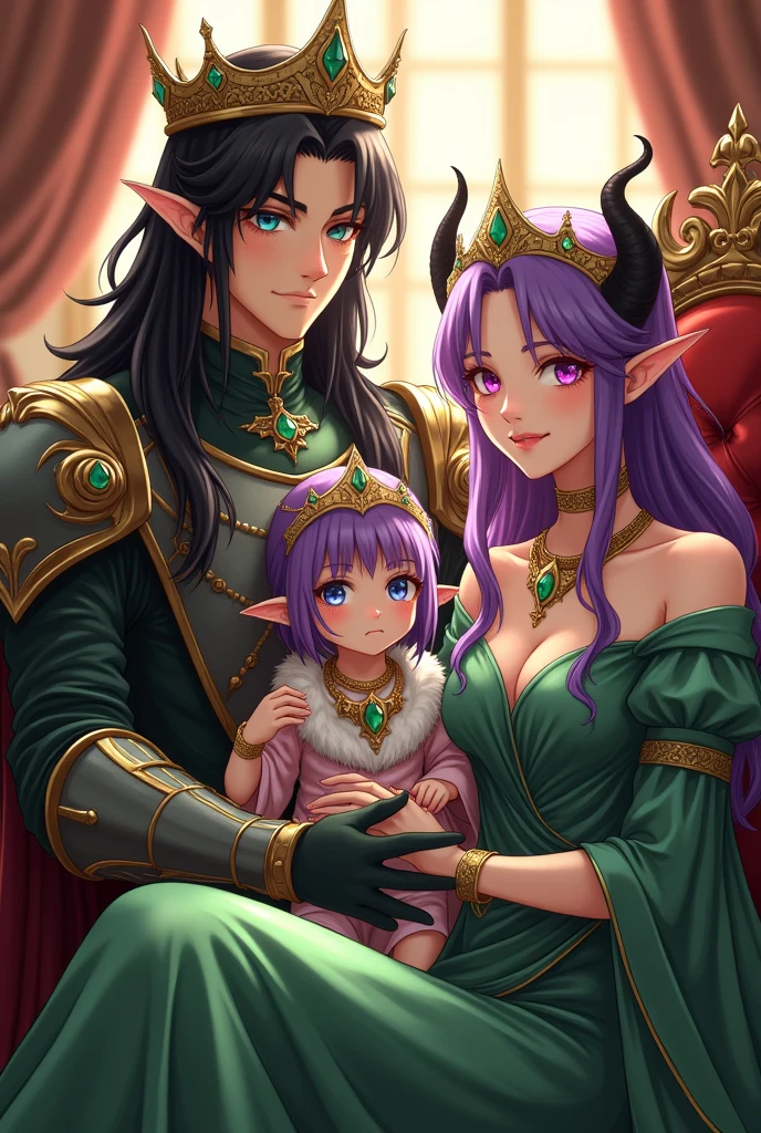 MALE HUMAN with human ears, long straight black hair, wearing armor full of jewels shaped like dragon eyes (emeralds) and a crown with emeralds, RAF blue eyes, with a serious look, looking at the camera, standing next to his wife, woman with purple hair, with black horns and elf ears, fuchsia pink eyes (green queen clothes with white medieval style and shiny crown), elegant pose, looking at camera, sitting on elegant chair, holding one year old MALE HUMAN baby with human ears, purple hair, RAF blue eyes, prince dress, hugging his mother, detailed, daytime, sun rays, ultra detailed photography, 4k quality lighting, high resolution , masterpiece, anime style.