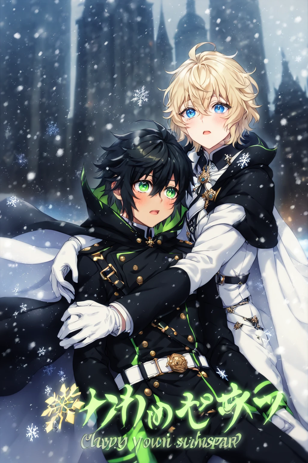 absurdres, highres, ultra detailed, HDR, master piece, best quality, extremely detailed, detailed face, detailed eyes, Hyakuya Mikaela, blonde hair, expressive blue eyes, Owari No Seraph, Hyakuya Yuuichirou, black hair, white gloves, expressive green eyes, two sexy men together, gay couple, yaoi, handsome, manly man, white clothes, black clothes, black cape, white cape, fantasy, magical, city, snow, snowflakes, snowing 