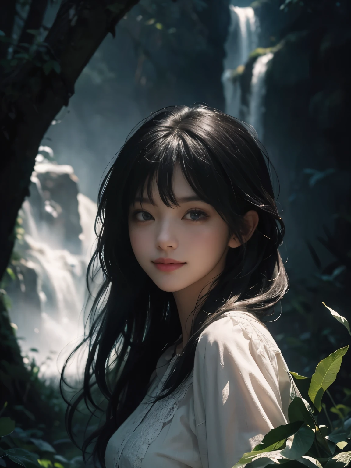 (ultra realistic) , (illustration), (increase resolution), (8K), (extremely detailed), (best illustration), (beautiful detailed eyes), (best quality), (ultra-detailed), (masterpiece), (wallpaper), (detailed face), 1 girl, black straight hair, slender body, delicate details, in the dark, deep shadow, low key, pureerosfaceace_v1, happy smile, summer dress, waterfall, rainforest