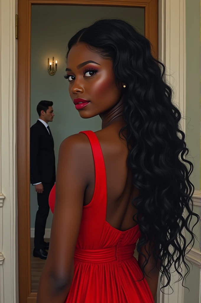 Make a book cover, as if it were drawn by hand, of a black woman, with long black hair, with a red dress, chic, at the time of the 19th century, with open backs, at the end there is the shadow of a man waiting for her at the door, A white man.