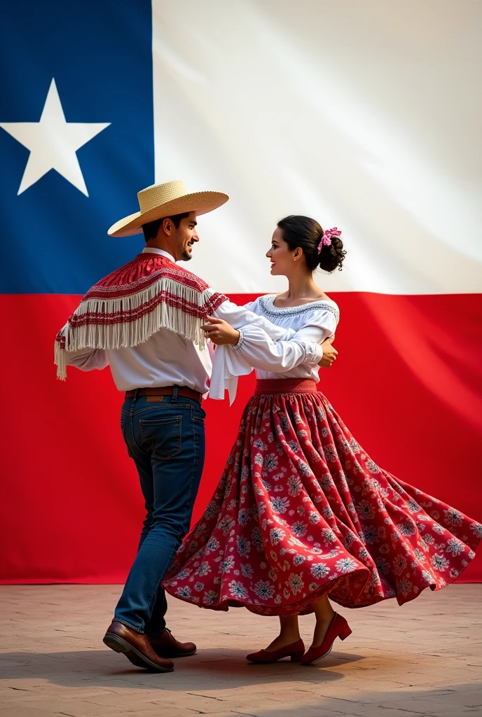 National Holidays Fund, country chile south america flag white blue and red, In rectangular form, the flag has a section of a blue square with a white star inside and that is located on the upper left side, then on the right it has a white stripe and down the middle of the flag it has a large horizontal red stripe., I need that clear flag as a background and in front of it some people dancing Chilean cueca , the clothing of the people the man uses "chupalla" of hat and a "poncho "but you wait for them, The woman wears a flowery skirt and a flowery dress , and both use a white handkerchief in their hand that they move to dance ,I need one handkerchief only per individual,I need spurs on the shoulder and the hat made of straw material