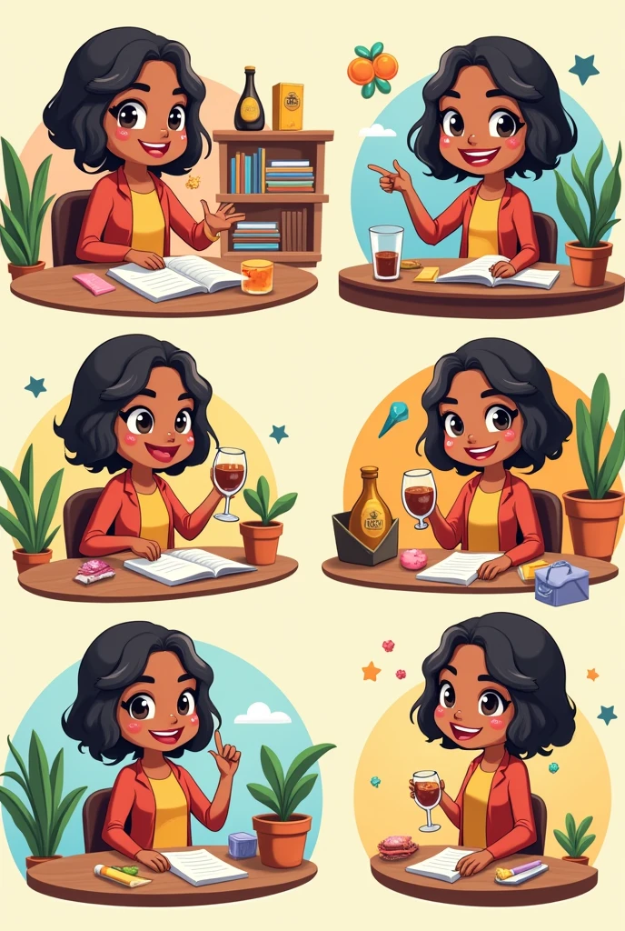 in chibi style, a teacher with brown skin and short straight hair, who often wears vibrant red lipstick and always has a cheerful smile on her face. She is in love with her IEL class/BA V10 and loves cats, cachaça, trips, beach and the fact of being from Bahia. Rosana loves to travel and has a strong connection with Brazilian culture..
Rosana can be represented in different poses, each capturing an aspect of your personality:
In the first pose, Rosana está sentada em uma cadeira with one's legs crossed, joyfully laughing. She holds a book in her left hand and strokes a small black cat on her lap with her right hand.. The scenery in the background suggests a comfortable environment, possibly a classroom or a cozy space.
Em outra pose, Rosana is standing, holding the handle of a suitcase with one hand and waving happily with the other. O chapéu de festa junina em sua cabeça destaca seu amor por tradições culturais e trips.
In a third pose, Rosana is relaxed, standing, holding a small glass of cachaça in his right hand, while the left hand rests on the hip. A cat rubs against your leg, and she flashes a mischievous smile.
A fourth pose shows her sitting on the floor., with one's legs crossed, surrounded by little chibi characters representing her students. She smiles warmly, holding a small painting or book, in a scene that highlights his dedication to education.
In the fifth pose, Rosana is leaning against a tree, looking serenely at the horizon, with hands in pockets. A cat rests at your feet, and the scenery in the background suggests a field or natural area, refletindo seu amor por trips e pela natureza.
Finally, in a sixth pose, Rosana is dancing happily, with one hand raised and the other holding your skirt or pants. The June party hat on her head and the festive scenery in the background show her connection to traditional Brazilian culture..
These descriptions capture the essence of Rosana and offer a variety of poses