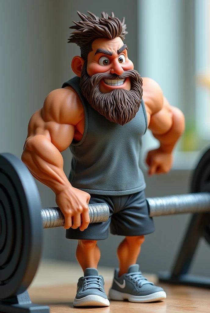 Bearded man with gym stuff animated that here is a doll 
