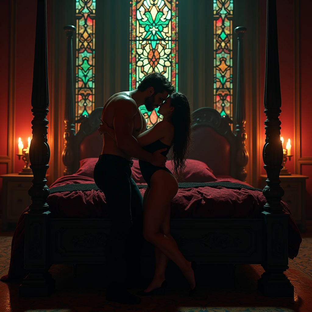 An extra wide angle on a big full room 16:9,(masterpiece Quality),(An ultra-realistc:2.0),(1 ultra hot female, age 18),(random sexy, seducing poses),(full body:2.0),(nude),eating each other, kissing, kissing neck,(realistic,fine detailed ultra-thick,long, bright,vibrant,black,bluetoned,shimmering:2.0 hair),(extra large,contrasted yellow:0.1 cats eyes),(extra long,thick,dark eyelashes),(blood red,plump lips),(stunning, pearl white teeth),(,beautiful eyes of a cat),2 perfect arms,(detailed hands,realistic long monsters claws on 5 fingers each hand:2.0),stunningbody,white face,big breasts,nude natural nipples,(glowing skin:1.2),(2 perfect legs:1.1),(1 ultra sexy male),(manly figure),(random,dark,blonde or red fine detaled hair),front view,a gaze at the camera,(best quality,16k,highres,insanely detailed interior design of an erotic vampire lair in dark gothic medieval style),(royal canopy four-poster bed, black-matte velvet drapes 16k),(1 stained glass window to the right,vibrant red:1.1,green:0.9 colored,detailed intricate patterns,architectural element,dark and mysterious atmosphere, night scene), flickering candlelight,medieval-style candelabrum,(rich, deep black, base color,stunning play of very, low light:1.6 and shadow,night:2.0),(all in wide room spectrum:2.0).#The entire setup is masterpiece 1:3 framed with the grandeur of royal,medieval gothic style, focus on entire room 16k#