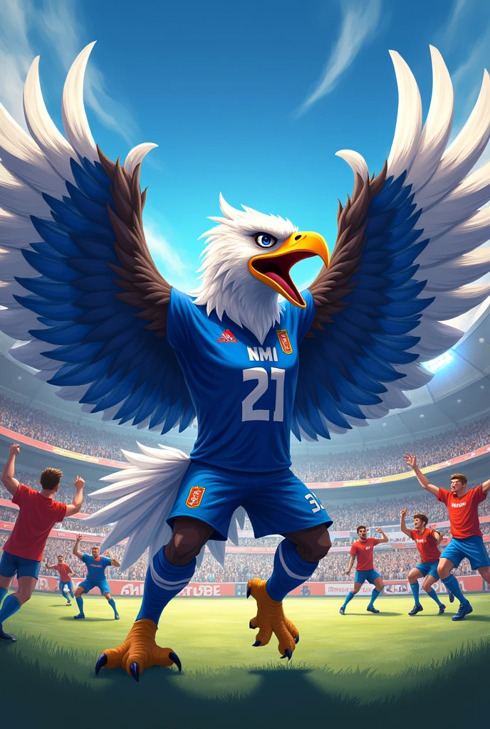 fierce eagle mascot in blue and white uniform celebrating goal with fans