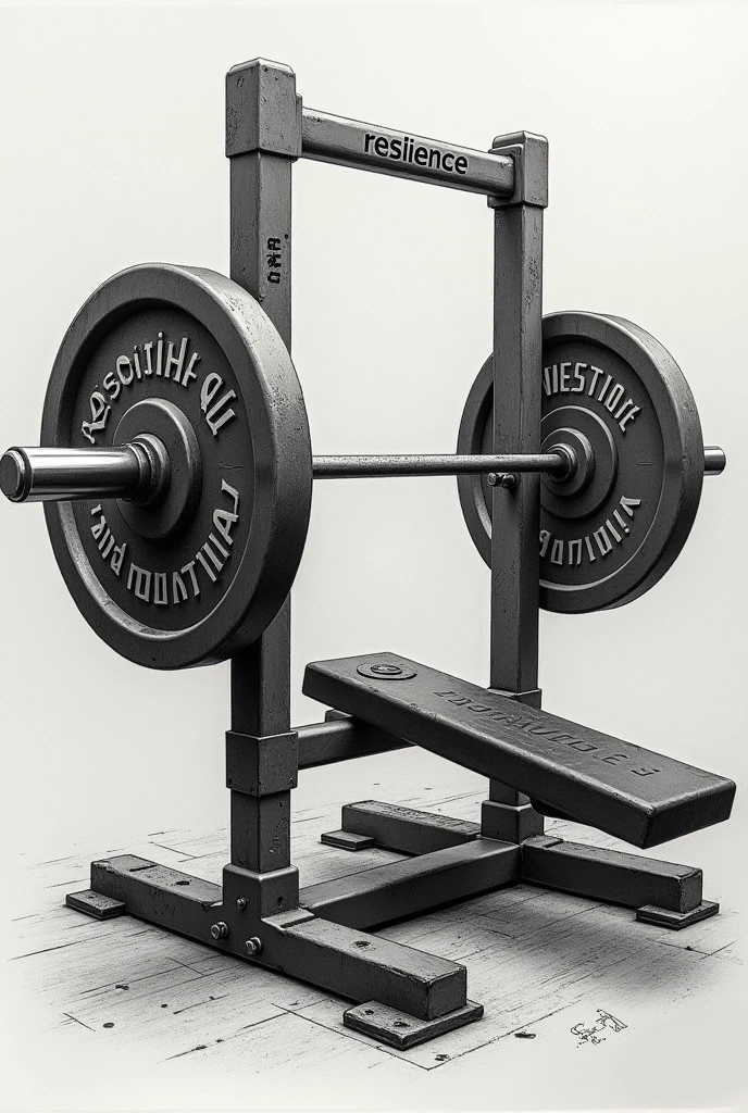 Make a metaphorical drawing where the bench press bar is the word resilience and the weight plate is the word motivation.