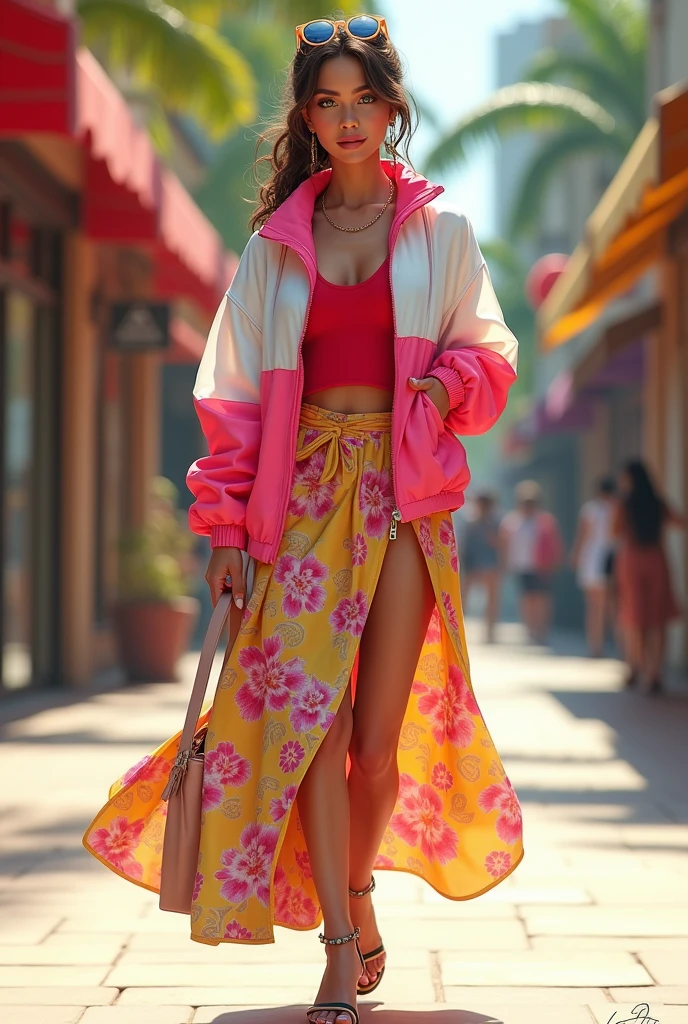 Full body beautiful white skin latin woman, 5'7" tall, ponytail medium brown hair, deep green eyes, wearing zip up coloured white and pink nylon winbreaker shell jacket, white and floral wide maxy skirt, rolled up sleeves, zipping up jacket, up collar, closed zipper doing a cleavage, red shirt, happy smile, walking on shopping center, high hill sandals, summer sunny day, bag, sun glasses over head, watch and bracelet, neck chain, ear rings