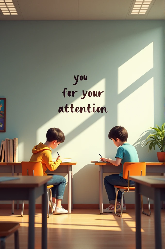 Two students in a classroom, with the text thank you for your attention on the living room wall.