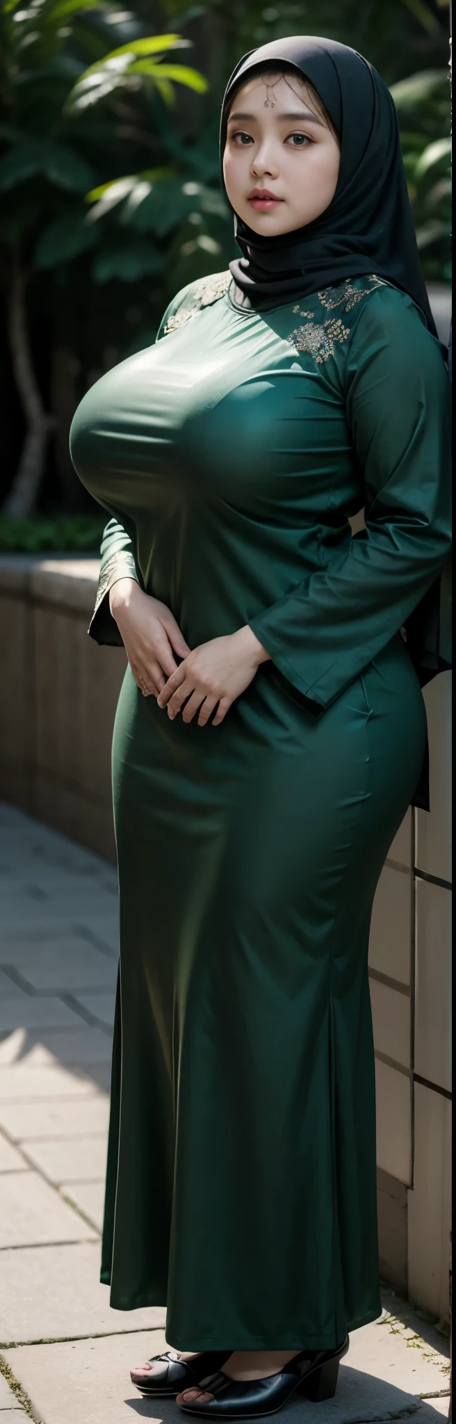 1 malay girl, modern plain hijab, shy, medium portrait, watery eyes, wearing dark green kebaya, ((big breasts)), black bokeh background, well-proportioned body,, chubby massive thighs, full body pose, Hena art on the body, hena art on full body, slightly fat body , voluptuous body , curvy body 