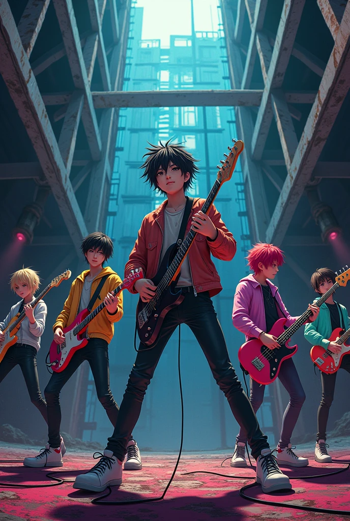 Pop rock members with an asian rapper Animae in dark abandoned building