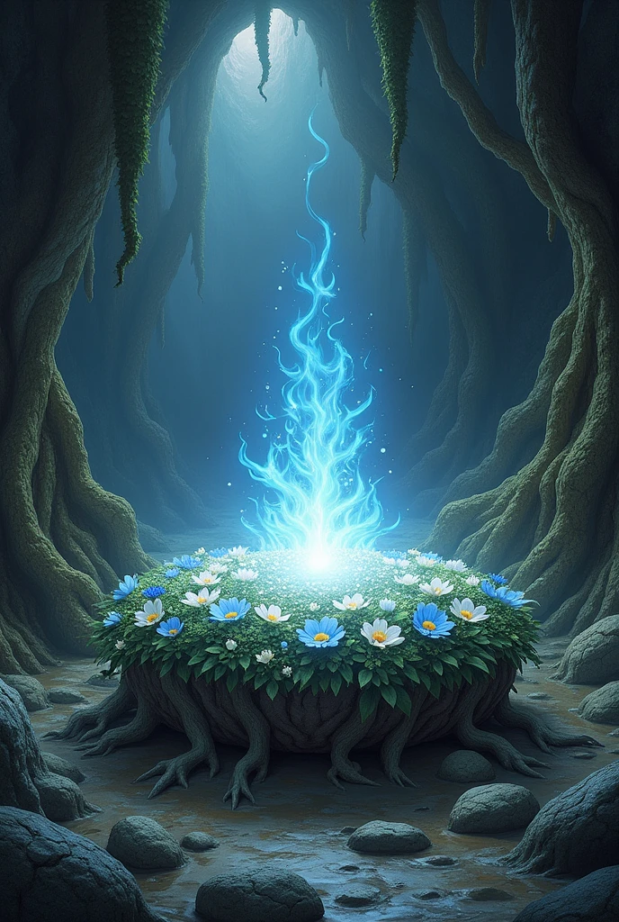 A cave of fire, por dentro, um berço de raizes e flores brancas e azuis e uma luz branca divina saindo de por dentro do berço