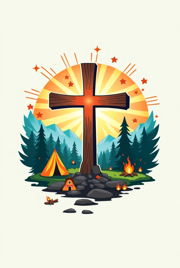 Logo for a Christian youth camp, that it is colorful and dynamic, that have details like the church and camps