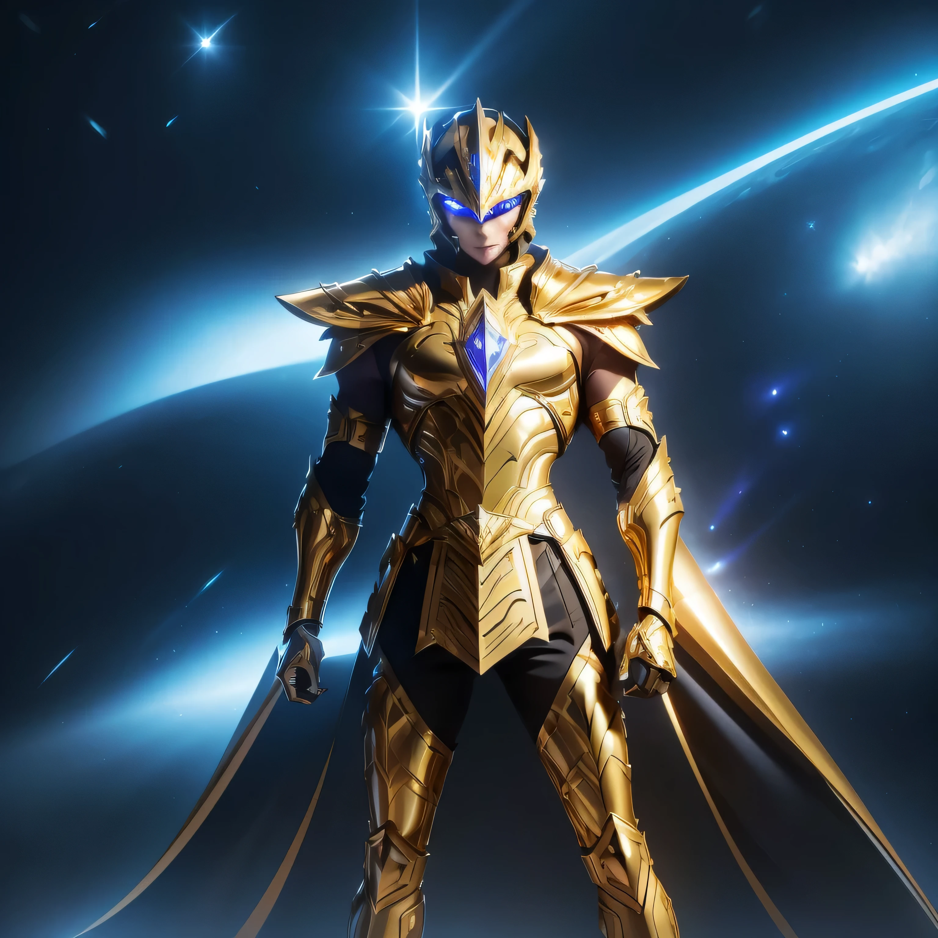 It's a man. The image presents a highly detailed and futuristic armor designed for a male warrior. The armor combines elements from different parts to create a cohesive and powerful look. Helmet: The helmet features a sleek, aerodynamic design with a golden metallic finish. It has a central crest that rises upwards, and the visor glows with a bright blue light, giving it a high-tech, futuristic appearance. Pauldrons (Shoulder Pads): The shoulder pads are designed to be close to the chest, with angular lines extending smoothly toward the shoulders. They have a polished golden finish and curve elegantly upward, creating a harmonious transition between the chest and shoulders, while providing a majestic and protective look. Chest Plate: The chest plate is intricately segmented, with a combination of gold and dark metallic blue. It has a gem-like crystal in the center that emits a soft, mystical glow. The design of the chest plate is both protective and regal, with sharp, angular lines that add to the overall futuristic aesthetic. Arm Guards: The arm guards are sleek and streamlined, with articulated golden and purple segments that offer flexibility and protection. The design of the gauntlets is both robust and elegant, incorporating futuristic elements that blend with the classic style. Leg Armor: The legs are armored with segmented plates that are primarily gold and purple. The boots are angular and sturdy, with a design that conveys both strength and agility. The overall look of the leg armor is grounded yet sleek, completing the ensemble with a powerful stance. The background of the image is a dark cosmic scene, filled with distant stars and nebulae that highlight the polished surfaces of the armor. Dynamic lighting is used to emphasize the key features, particularly the glowing visor and central chest gem, reinforcing the mystical and imposing nature of the warrior.