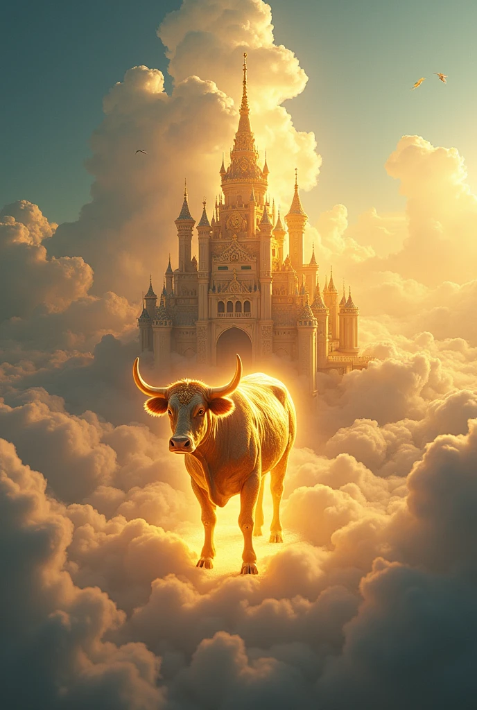 There is a palace in the sky. There are clouds in the sky. There is a cow standing outside the palace. Its whole body is emitting a golden, shining light. The cow should stand out.