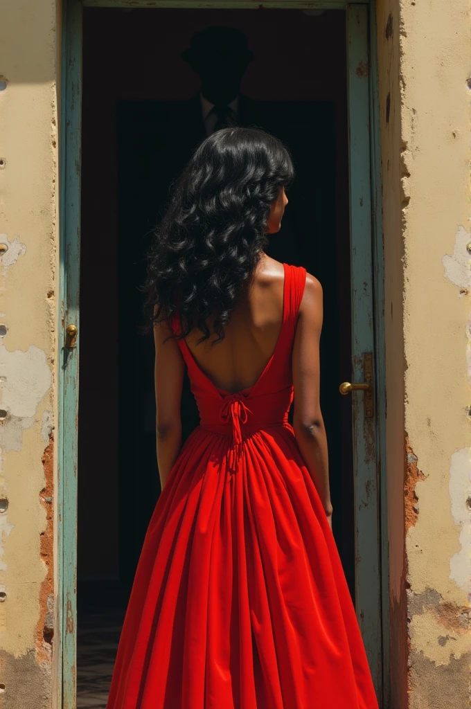 Make a book cover, as if it were drawn by hand, of a black woman, with long black hair, with a red dress, chic, at the time of the 19th century, with open backs, at the end there is the shadow of a man waiting for her at the door, A white man.