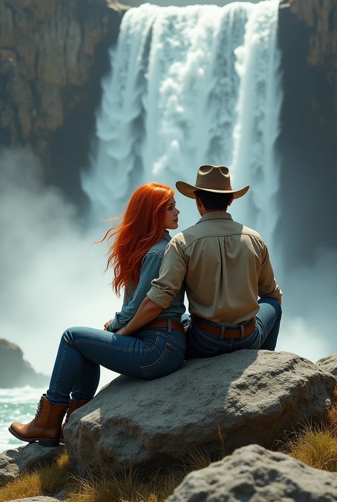red-haired woman, long hair, blue colored eyes, jeans, botas country marrons. asian man, stark, shirt folded up to the elbow, dark jeans, cowboy hat and boots. Sitting on a rock in front of a waterfall