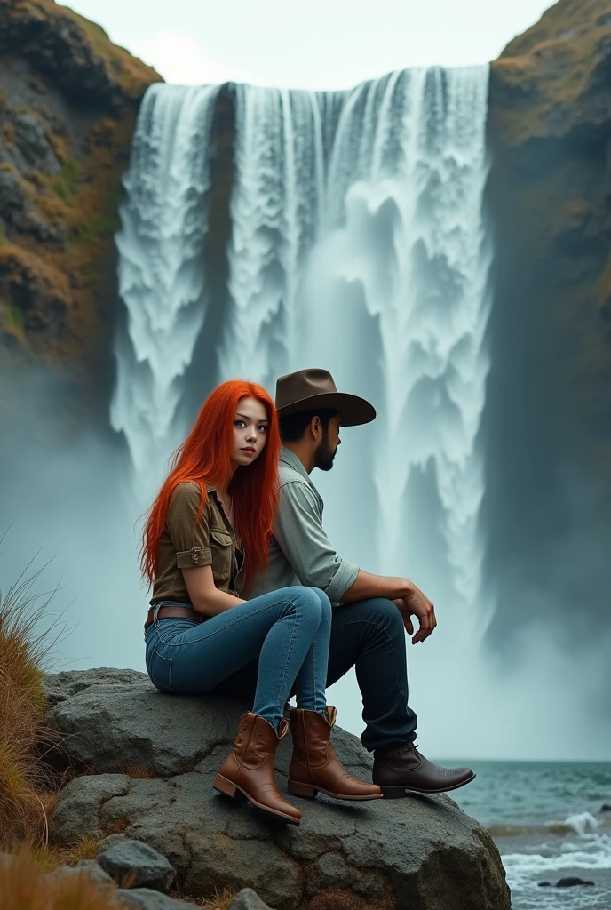 red-haired woman, long hair, blue colored eyes, jeans, botas country marrons. asian man, stark, shirt folded up to the elbow, dark jeans, cowboy hat and boots. Sitting on a rock in front of a waterfall