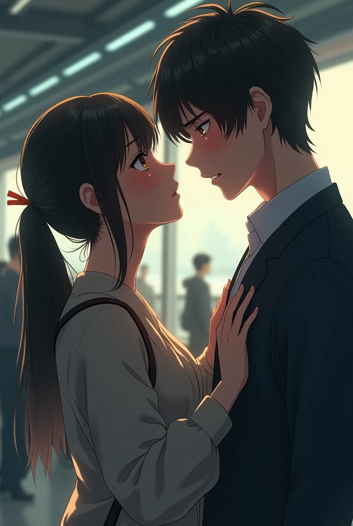 Realistic Anime, Japanese woman crying saying goodbye to her sad boyfriend.gushing , PICTURE REALISTIC.