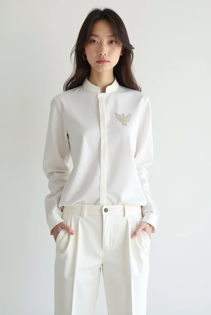"Create a modern, minimalist clothing set consisting of a white shirt and matching white trousers. The shirt should be made from a lightweight, breathable cotton blend with a slightly silky finish for a luxurious feel. It should have a slim fit with a mandarin collar and long sleeves that taper at the waist, providing a sleek silhouette. The standout feature of the shirt is a subtle yet bold embroidered eagle motif on the right side, depicted in mid-flight with wings spread wide. The embroidery should be in metallic silver or gold thread, adding a touch of sophistication while maintaining the minimalist aesthetic.The trousers should be made from the same fabric as the shirt, with a slim, tailored fit and a slightly cropped length, hitting just above the ankle. They should have clean lines with a hidden zipper and button closure for a streamlined look, and minimalist pockets that blend seamlessly into the design. The overall outfit should exude modern elegance and versatility, perfect for a brand that combines simplicity with unique, memorable details."