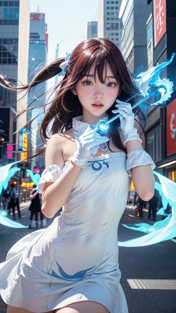 1 girl, height, Masterpiece, alone, anime, nonsense, detailed face, perfect eyes, light blue (fire symbol), upper body, full body, white dress, decorations, white gloves, city scenery, Holding, employee, sing