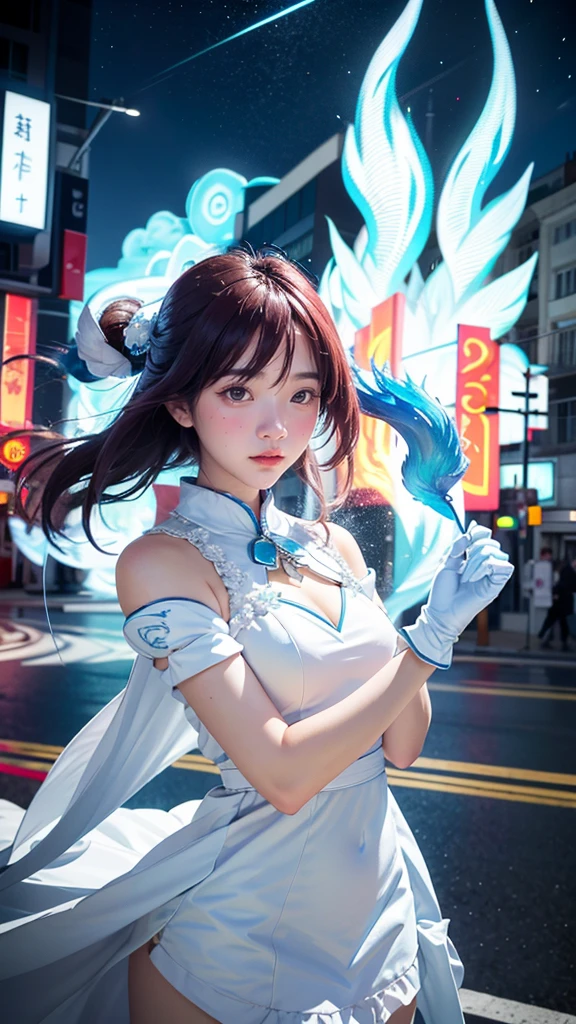 1 girl, height, Masterpiece, alone, anime, nonsense, detailed face, perfect eyes, light blue (fire symbol), upper body, full body, white dress, decorations, white gloves, city scenery, Holding, employee, sing