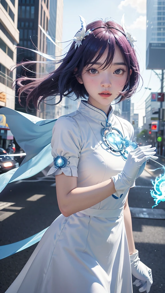 1 girl, height, Masterpiece, alone, anime, nonsense, detailed face, perfect eyes, light blue (fire symbol), upper body, full body, white dress, decorations, white gloves, city scenery, Holding, employee, sing