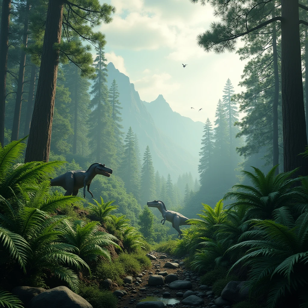 Jurassic era forest with dinosaurs in the distance