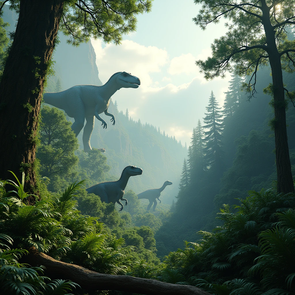 Jurassic era forest with dinosaurs in the distance
