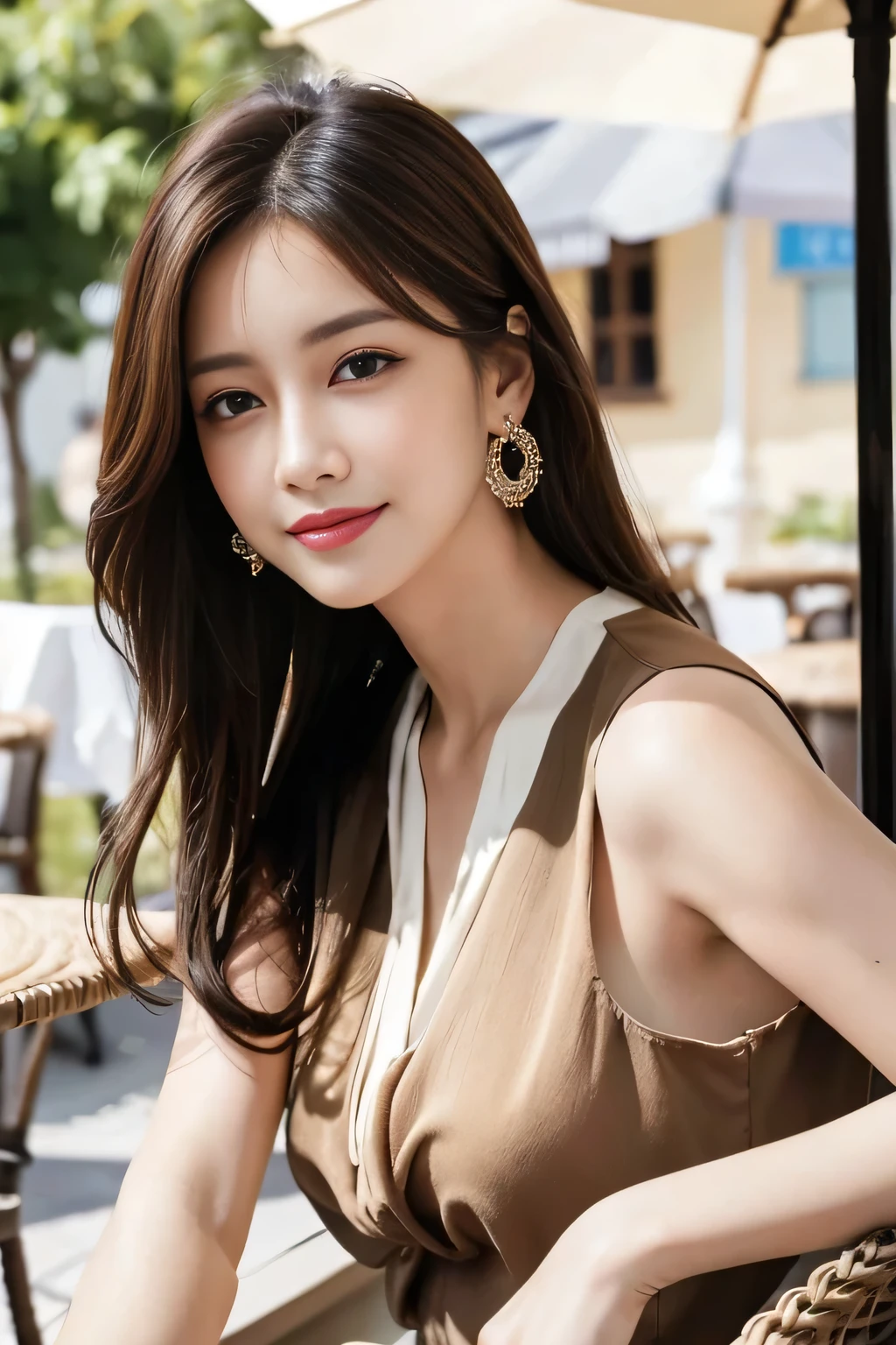 masterpiece, Highest quality, Realistic, Very detailed, Finer details, High resolution, 8k wallpaper, One beautiful woman,Wear a nice blouse, On the terrace of a lovely cafe, at noon, Light brown messy hair, Perfect dynamic composition, Beautiful and beautiful eyes、Big earrings、Sleeveless shirt、smile、