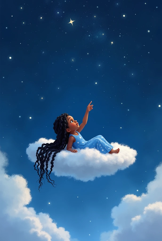 Black girl sleeping on a cloud in the sky pointing at the stars with long black braids wearing blue starry dress 