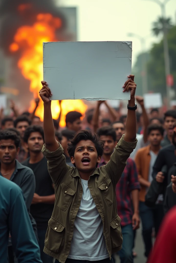 On the road boys are protesting on the road and two of then are holding blank sign board in front of the protesting groups and they are very aggressive Bangladesh