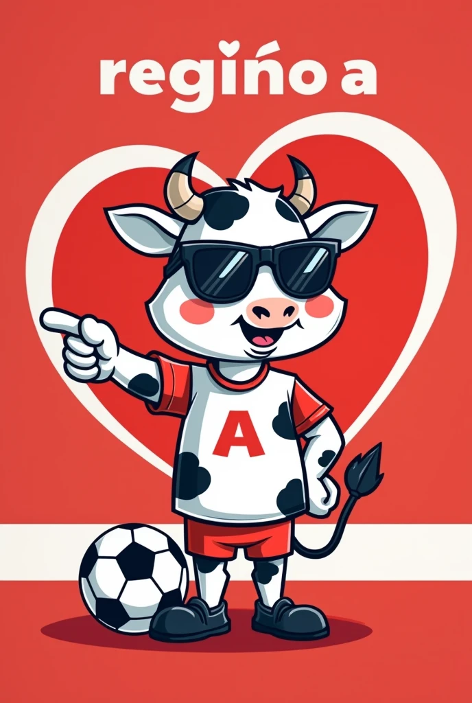 Um mascote de time cartoon. It will be a white cow with black spots in the shape of a heart., She looks funny but nice, with sunglasses and sportswear and that has a "a" on the chest and on the foot a soccer ball, all this with him by my side, pointing to a big heart, with the phrase "região a". the background colors will be red and white