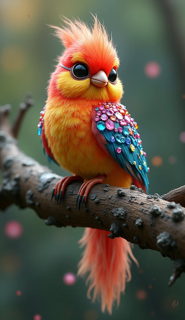 Forbes Diamond「Cute little bird on a tree」teeth、The protagonist is portrayed naturally and realistically.。, Highly detailed and photorealistic, Render the background, Photorealistic concept art, Hyperreal Rendering, Red realistic 3D rendering, Bird Society, Photorealistic images, Highly detailed and photorealistic, Ultra-realistic detailed rendering, Realistic detailed images, Highly detailed rendering, High quality rendering,((A cute little fictional bird with lots of colorful jewels on its body.))Cute fluorescent little bird,His whole body is covered in colored gems,The tail is also covered with jewels,Wear jewels,The feathers are colorful,Sparkling